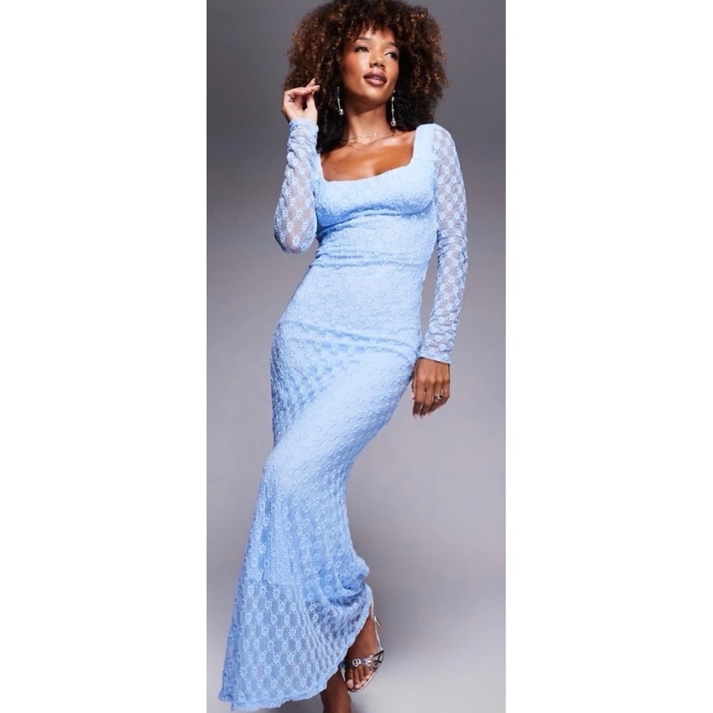 Bardot Women Light Blue Floral Lace Scoop Neck Long Sleeve Maxi Dress Size Large